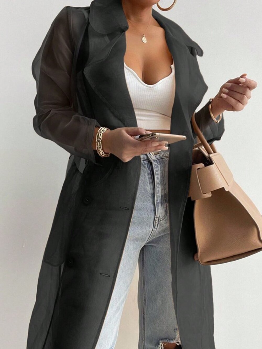 Dark Grey Casual Women's Sheer Mesh Long Sleeve Tie-Front Trench Coat - Picture 3 of 3